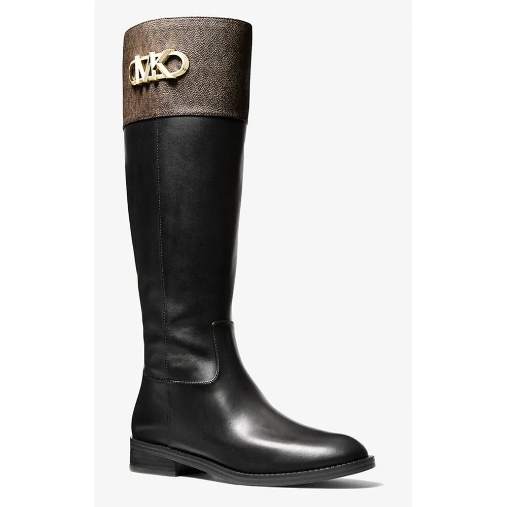Michael Kors Parker Logo Knee-High Boots Womens Size 10M Leather Gold Monogram